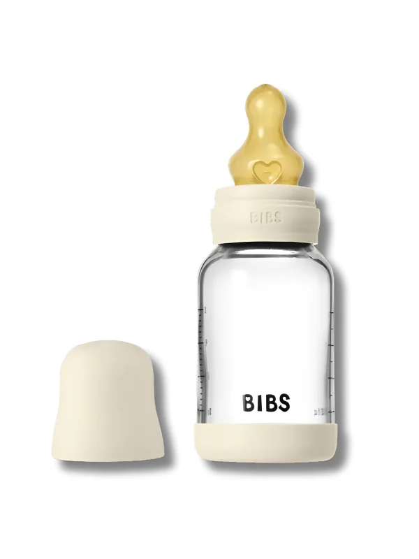 BIBS - BIBERON ROND 120 ML EN VERRE + TÉTINE EN LATEX DÉBIT LENT - IVORY